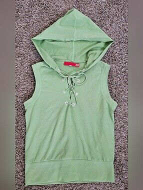 LIU JO Women Vest XS green Sequin Design Hood Designer Greece Cotton Top Shirt